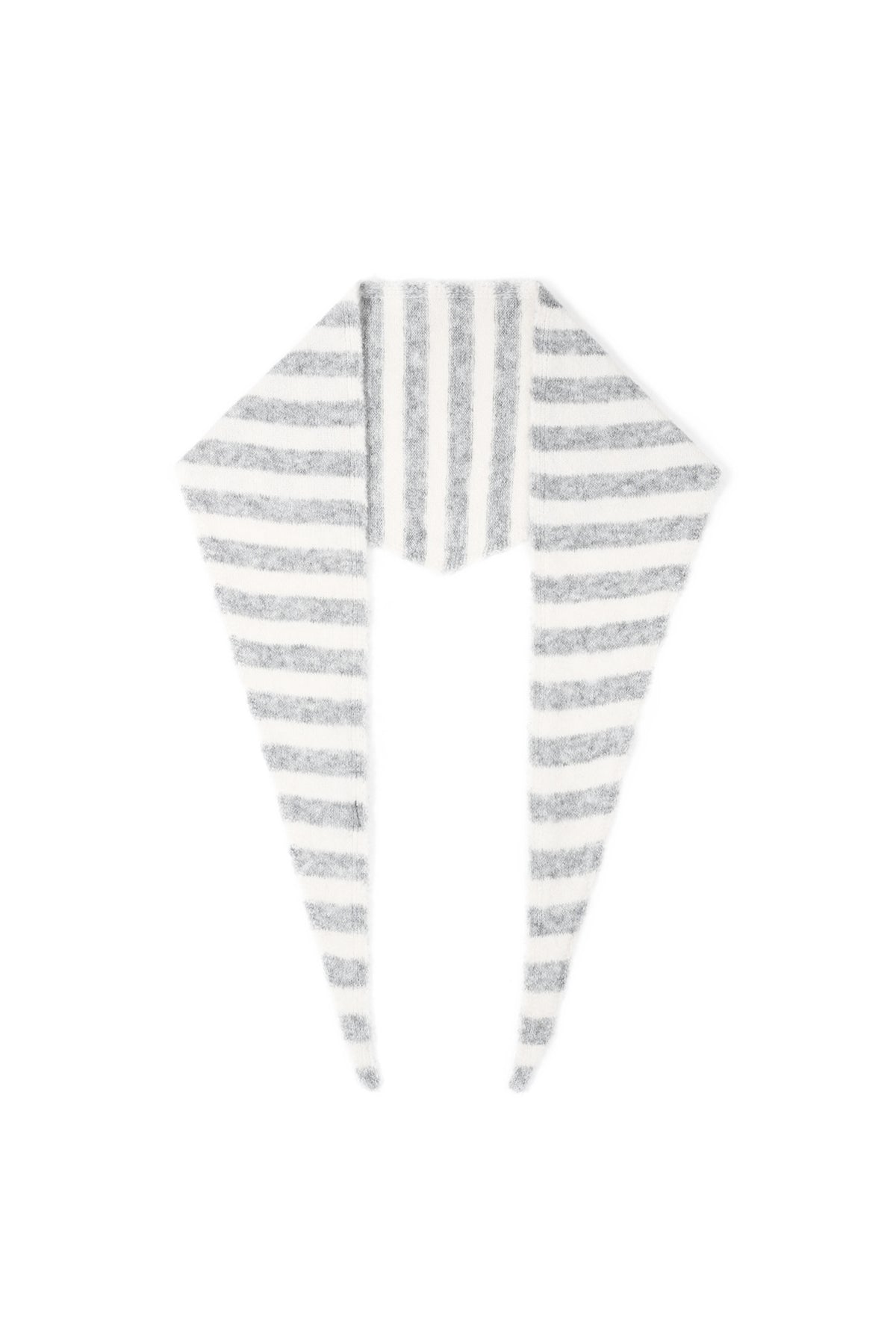 Plush gray and white striped knit neck scarf laid flat with pointed ends.