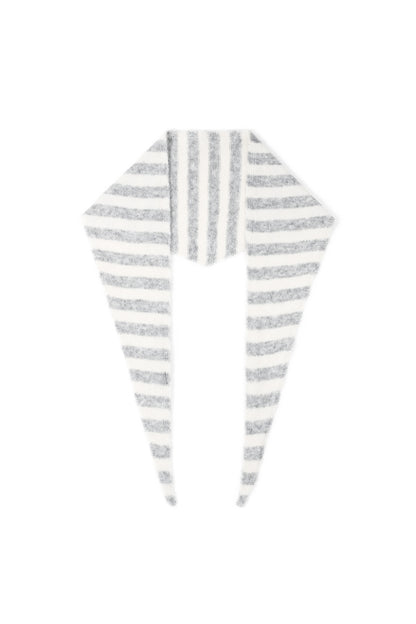 Plush gray and white striped knit neck scarf laid flat with pointed ends.