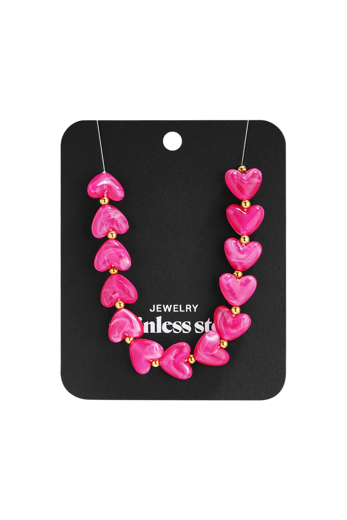 Light orange marbled heart bead necklace with gold spacers on white background
