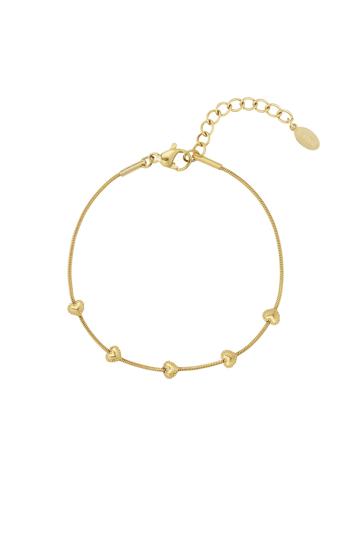 Gold delicate heart charm bracelet with five small textured heart charms on a slim snake chain with lobster clasp and extender