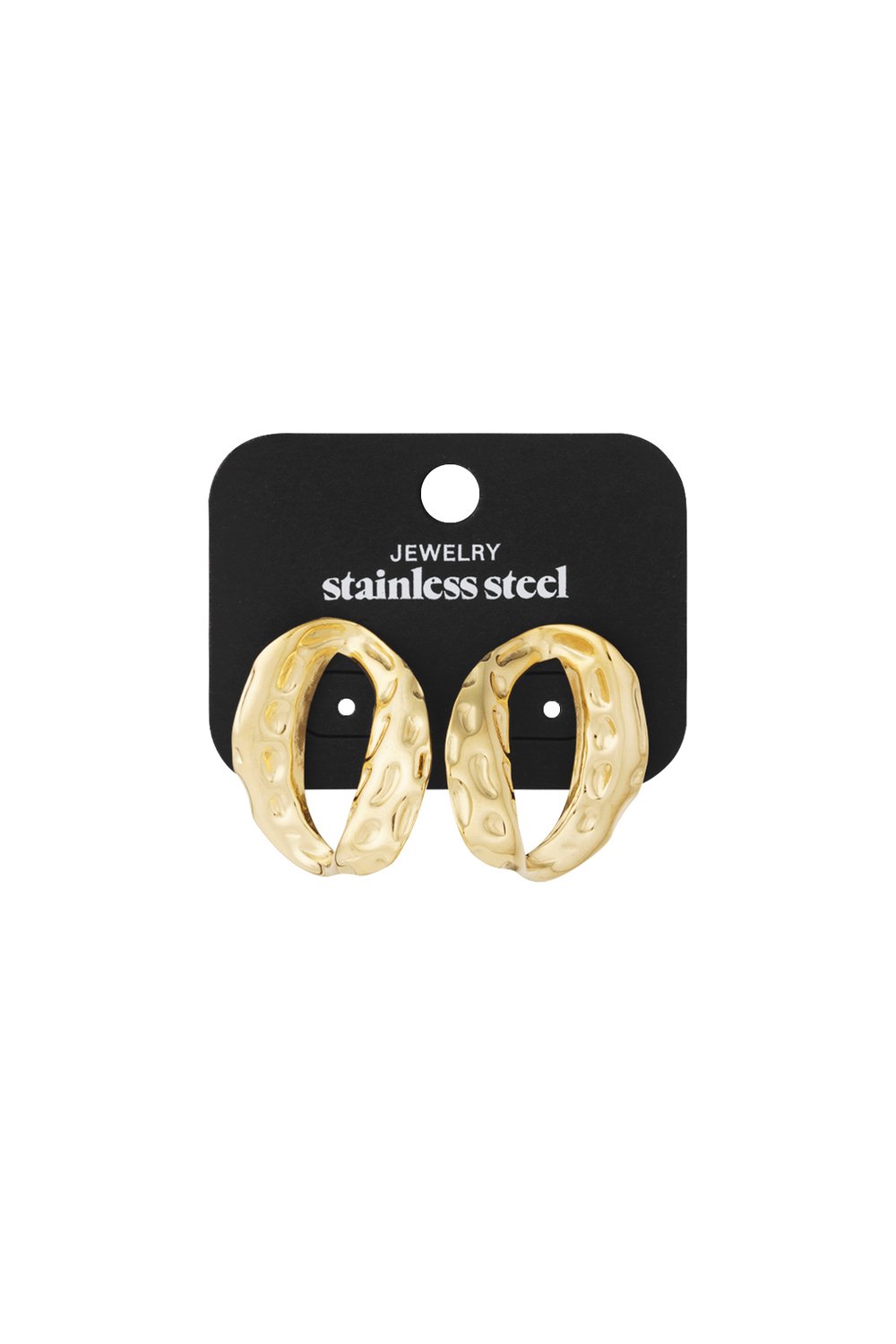 Glow Up Nuggets gold stainless steel hoop earrings with an irregular, hammered textured finish on a jewelry card.
