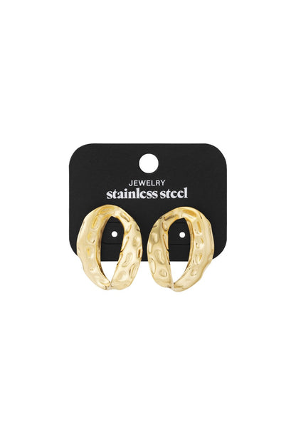 Glow Up Nuggets gold stainless steel hoop earrings with an irregular, hammered textured finish on a jewelry card.