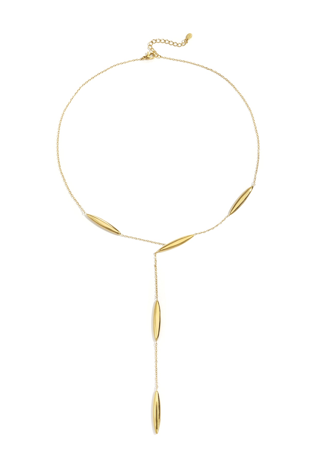 Gold Y-shaped chain necklace with elongated smooth beads and adjustable length laid flat on a white background