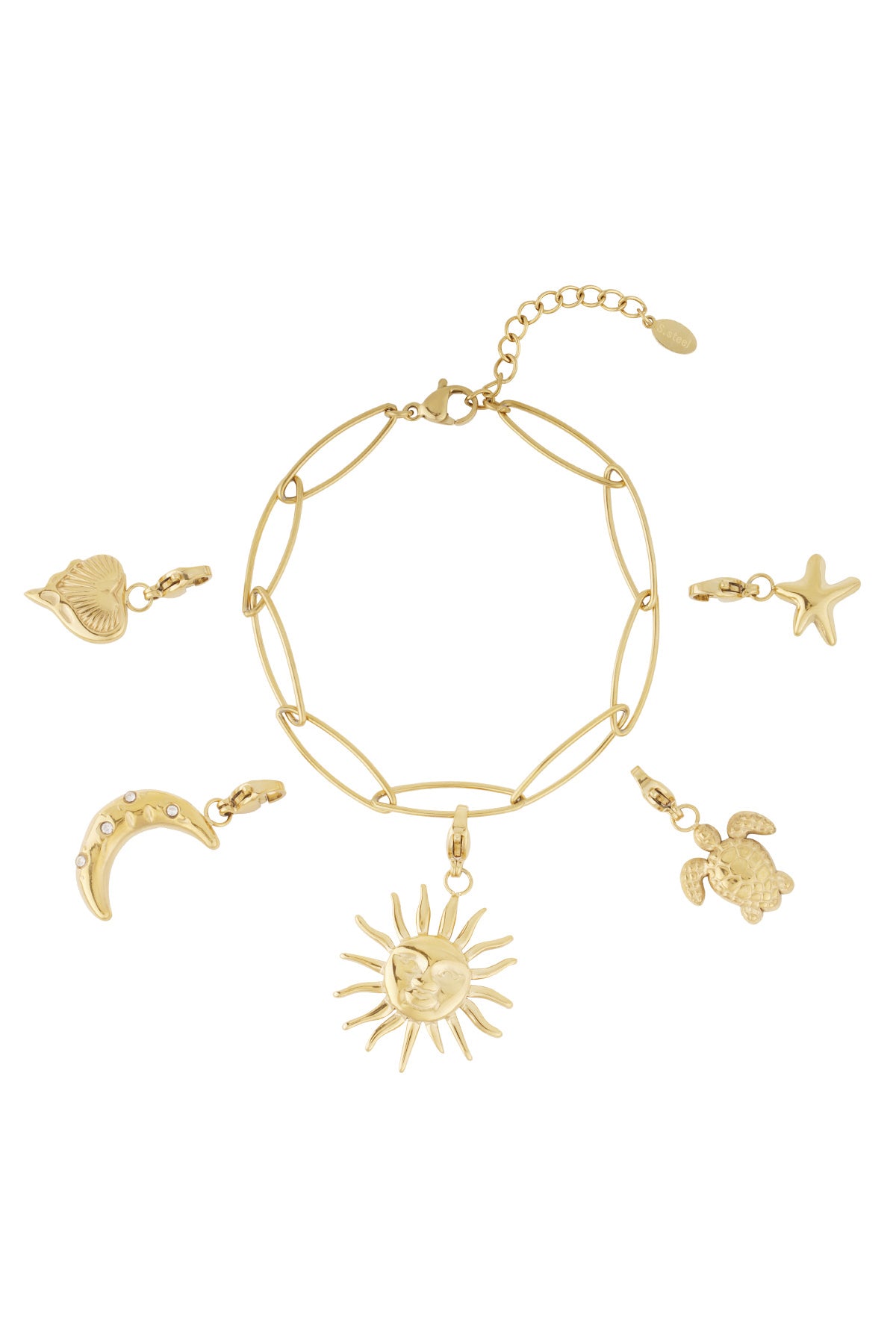 Gold-tone charm bracelet with detachable sun, moon, starfish, turtle, and seashell charms displayed on white background
