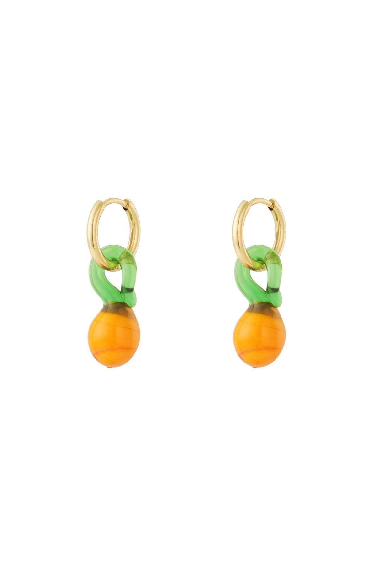 Pair of gold-plated hoop earrings with dangling orange and green resin fruit-inspired charms on a white background