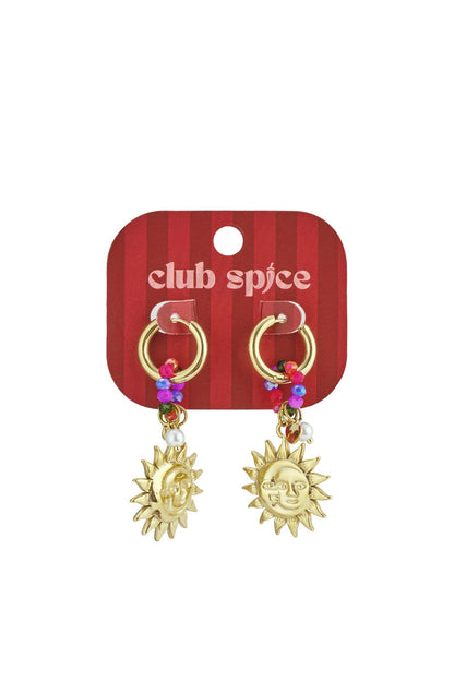Sunny Drip Era gold hoop earrings featuring colorful beaded accents and a sun face charm, displayed on branded card.
