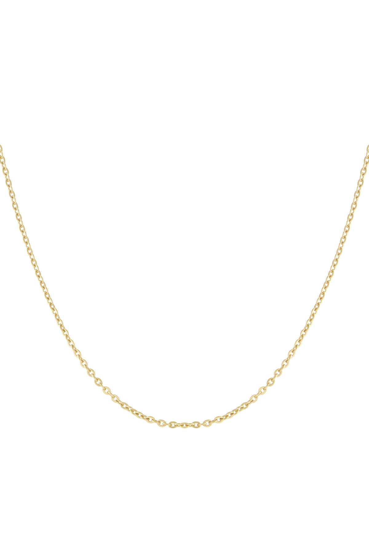 Close-up of minimalist delicate gold chain necklace on white background