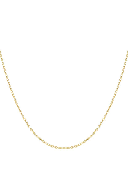 Close-up of minimalist delicate gold chain necklace on white background