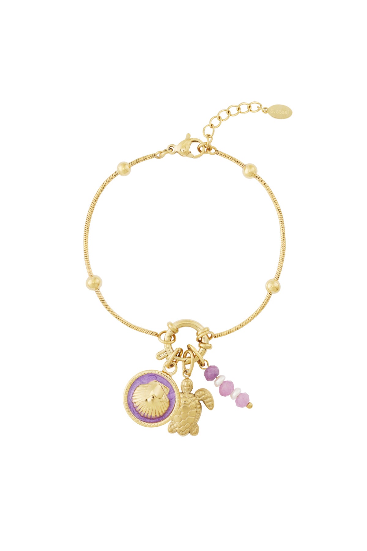 Gold charm bracelet with turtle, shell, and pink bead charms hanging together on a white background