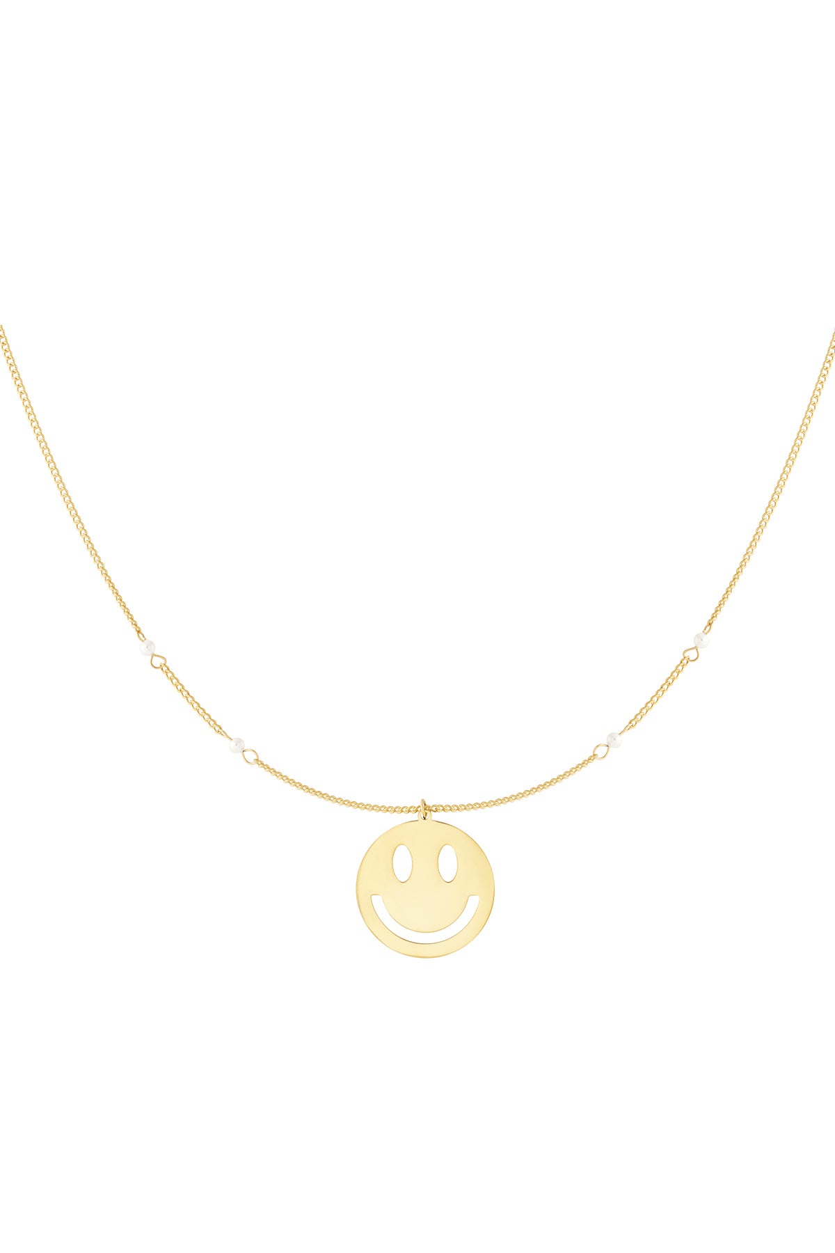 Close-up of gold chain necklace featuring a smiling face cut-out pendant and small pearl accents on the chain