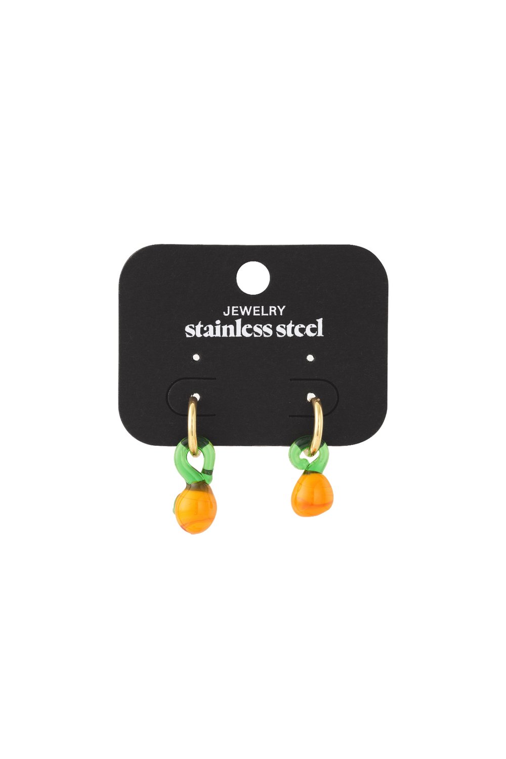 Citrus drop earrings featuring small gold hoops with green leaf and orange fruit glass charms on a display card.