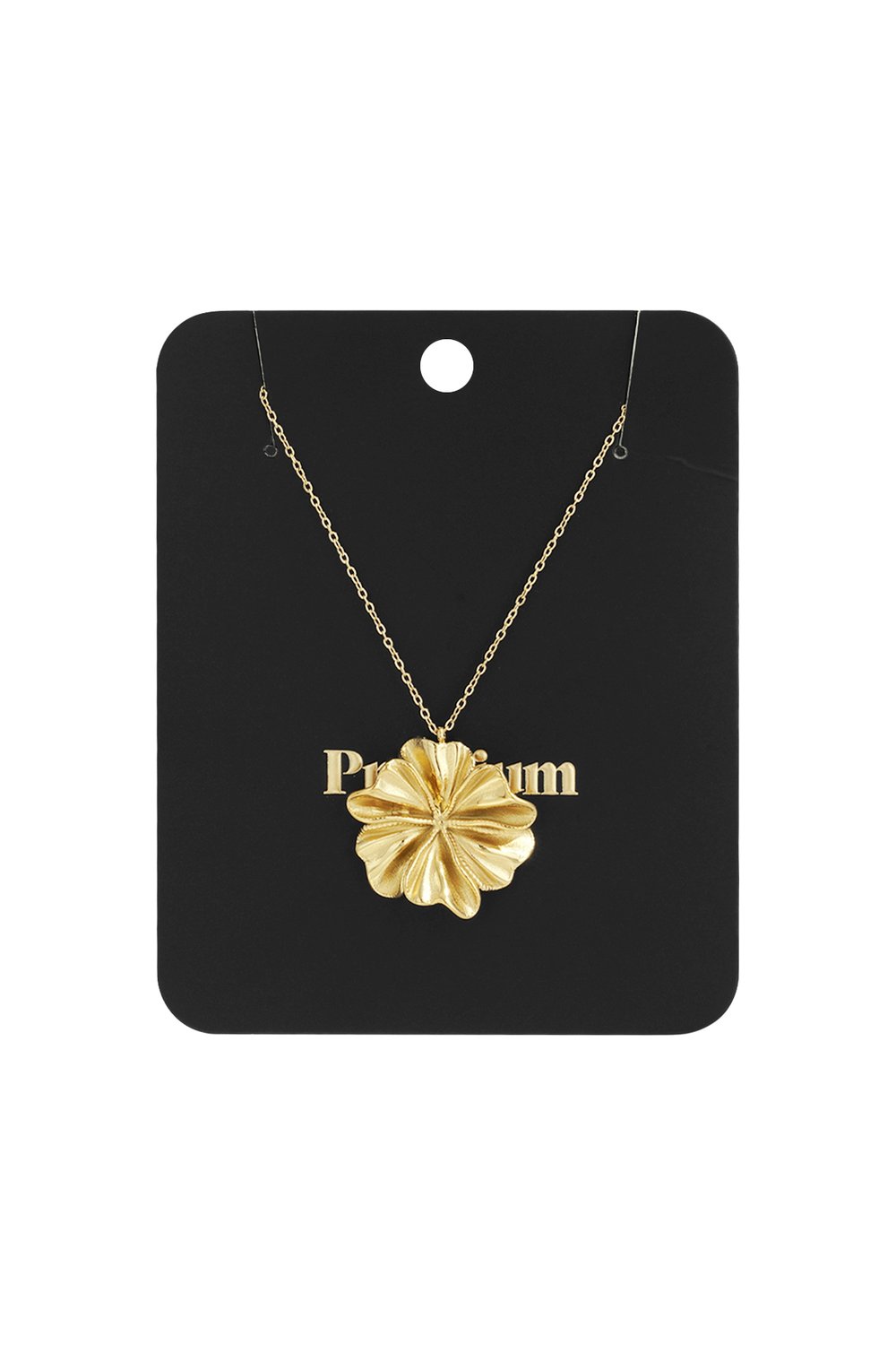 Gold necklace featuring a delicate, sculptural floral-shaped pendant on a fine chain, displayed on a black card.
