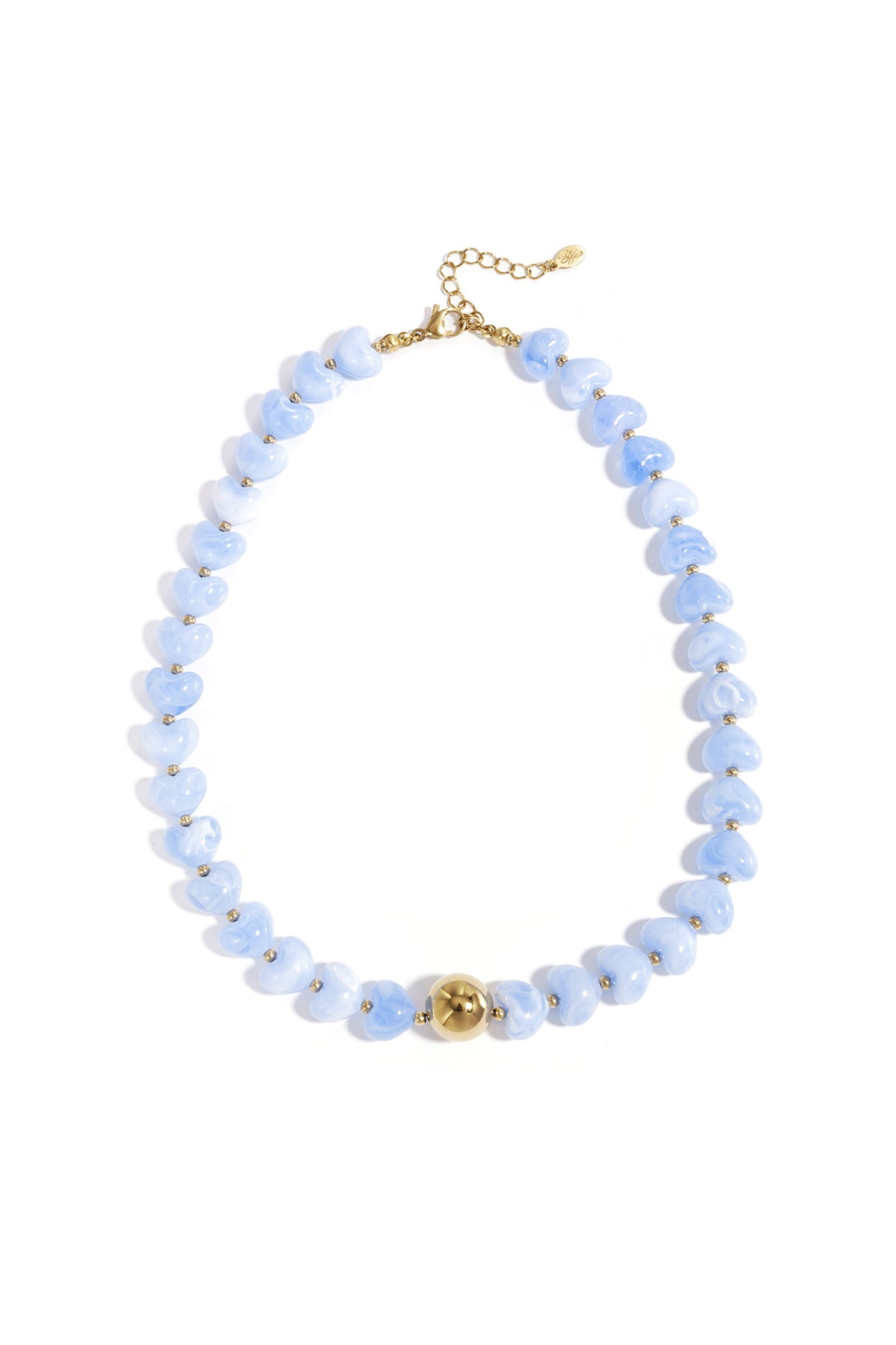Close-up image of a blue variant of the heart-shaped beaded necklace with gold round bead and adjustable clasp on white background
