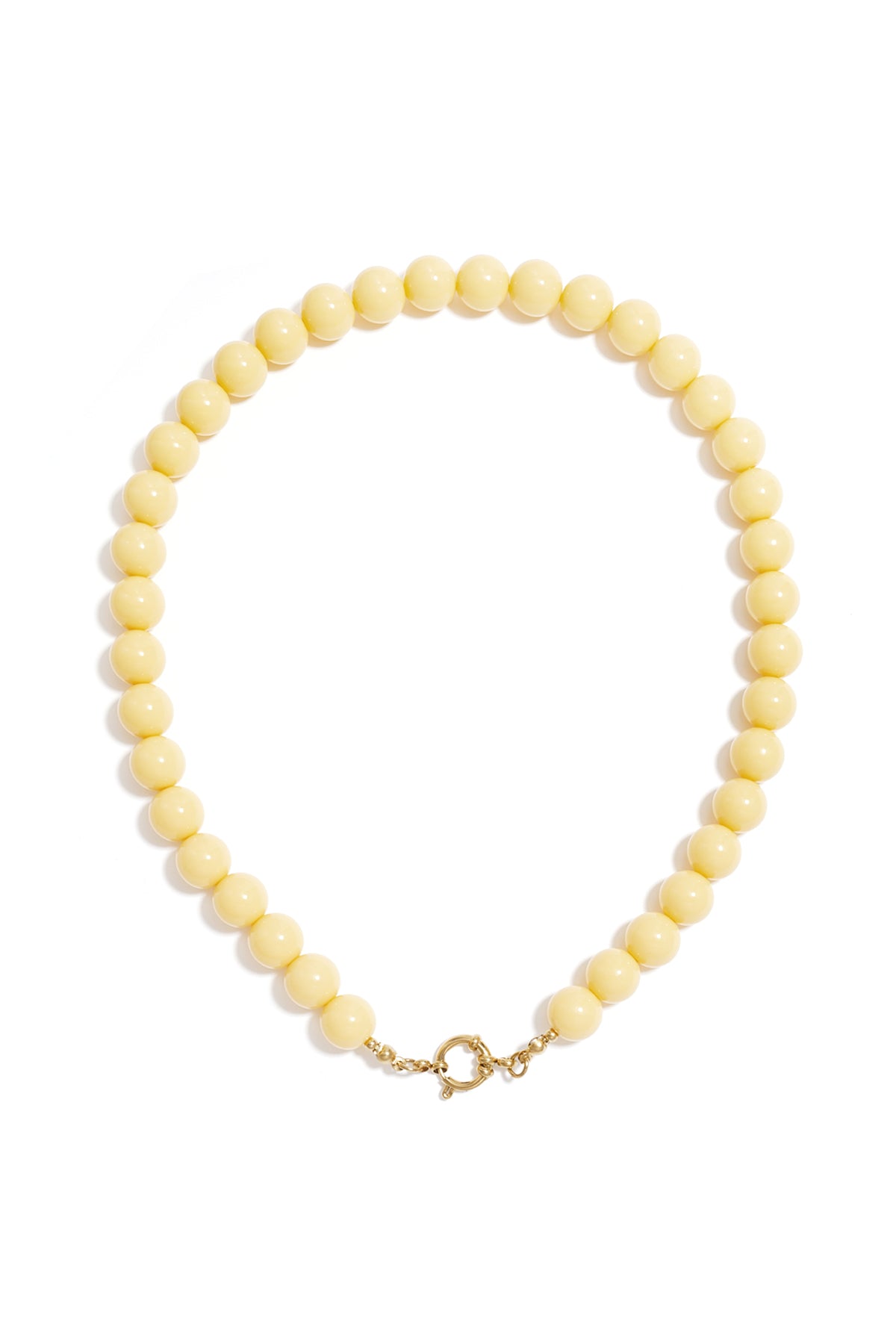 Single strand necklace with glossy passion red resin beads and gold spring ring clasp on white background