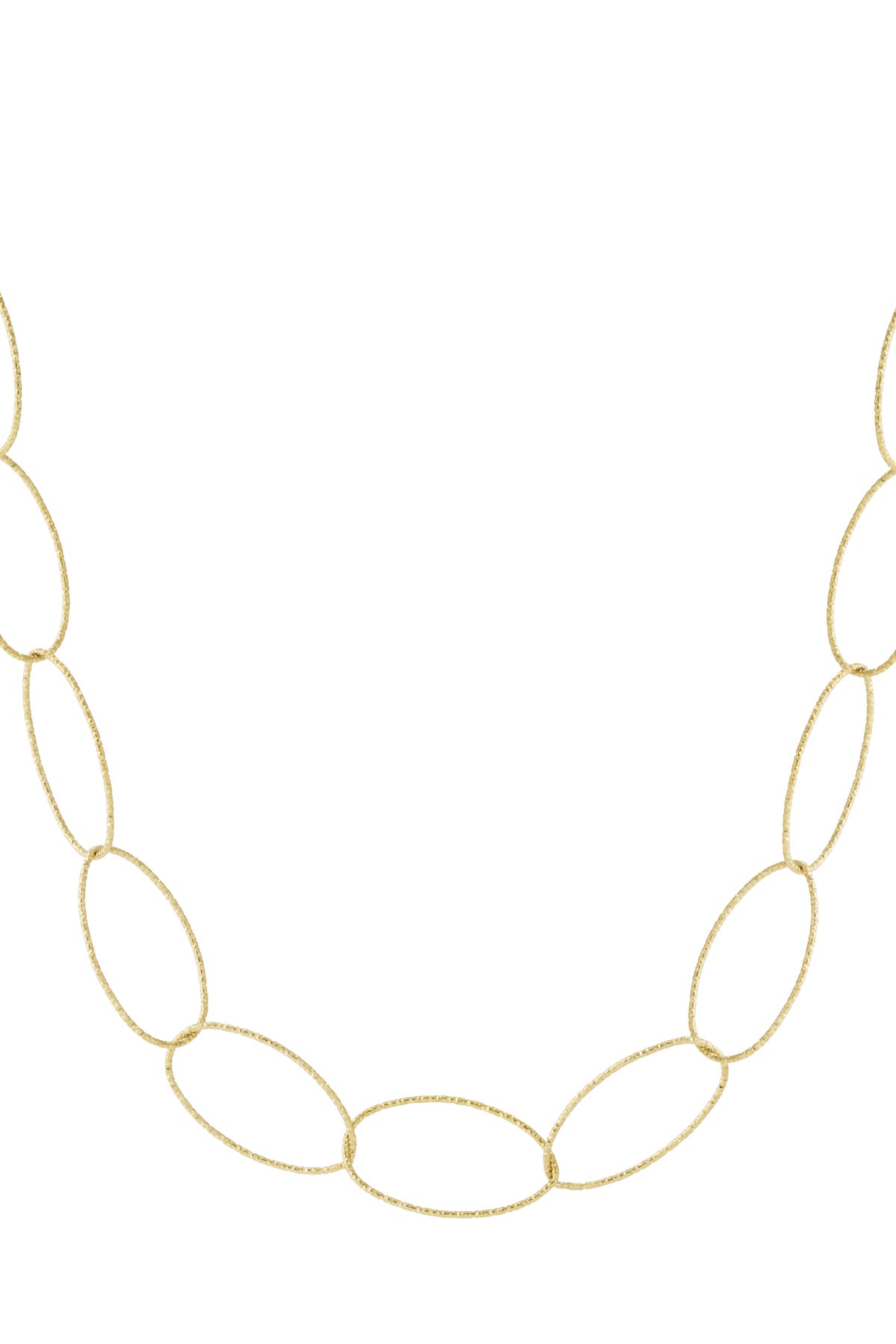 Close-up of textured gold-tone chunky oval link necklace on white background