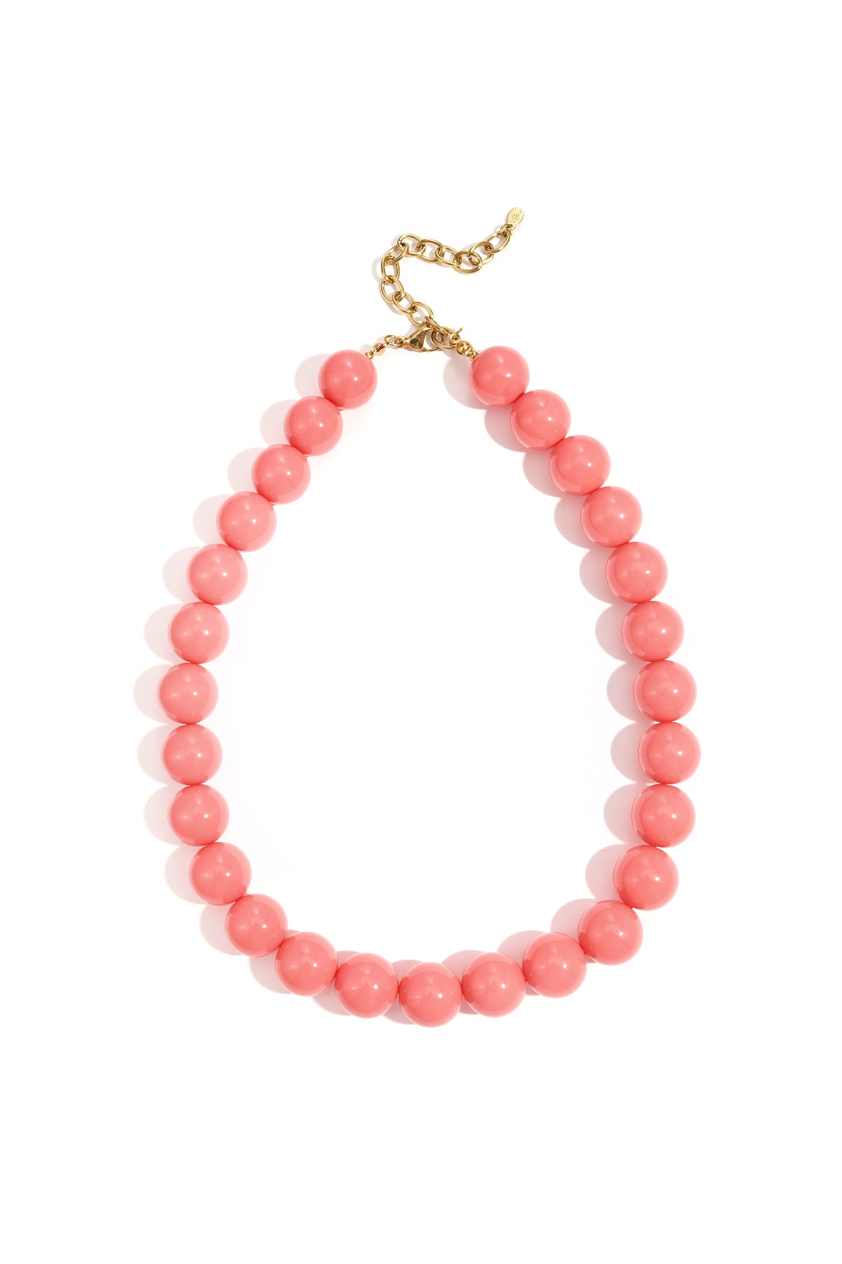 Light green chunky resin beaded necklace with gold chain clasp photographed on white background