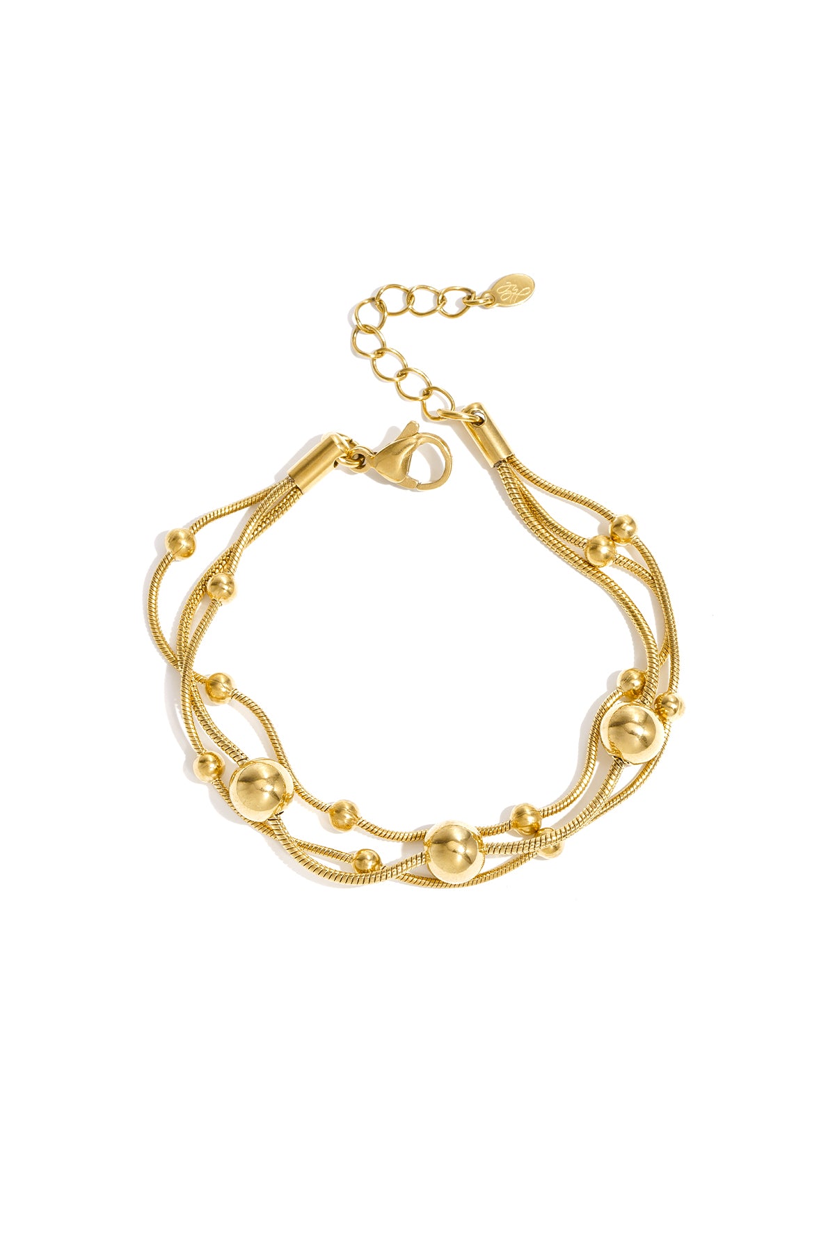 Gold multi-strand chain bracelet with polished round beads and adjustable lobster clasp on white background