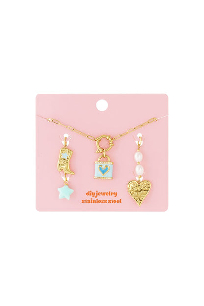 Blue Heart Energy: Gold stainless steel DIY necklace kit with blue enamel heart lock, cowboy boot, and pearl charms.