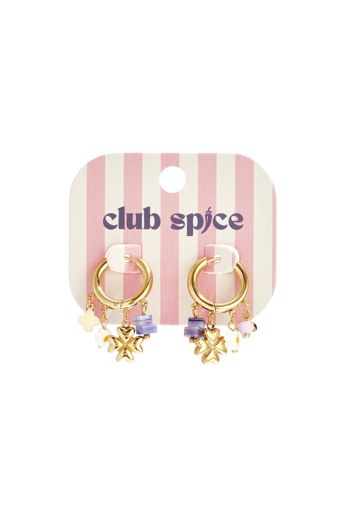 Gold hoop earrings displayed on pink and white striped Club Spice branded card with dangling purple, white, and gold charms