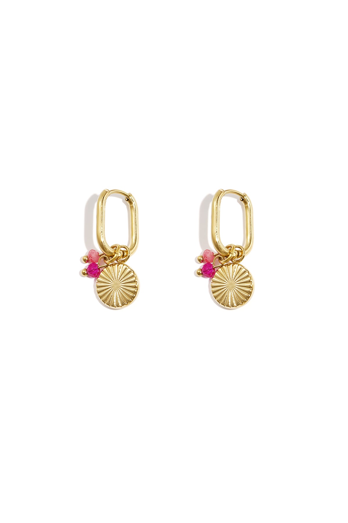 Pair of gold rectangular hoop earrings with sunflower charm and pink beads on white background