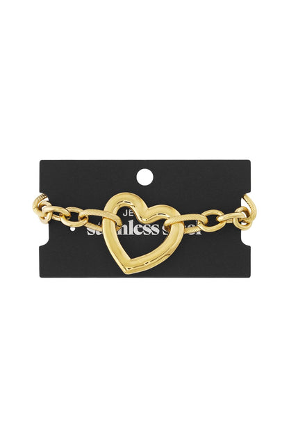 Gold-tone chunky heart charm bracelet on a black display card, featuring a textured link chain.