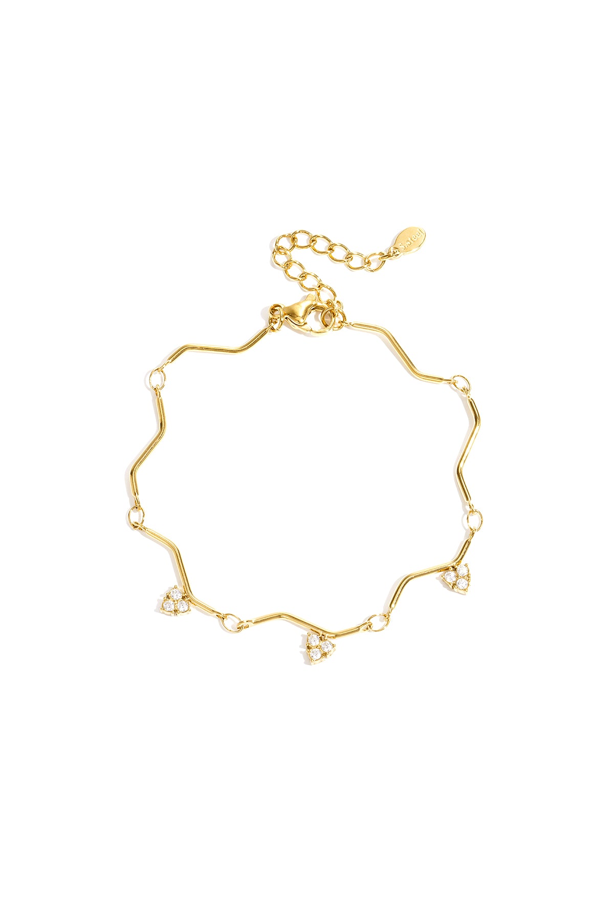 Gold zigzag charm bracelet with heart-shaped rhinestone charms displayed on white background