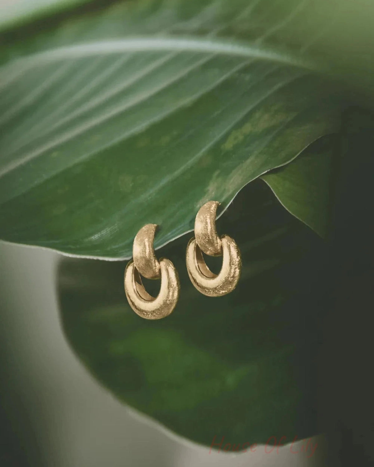Textured gold drop earrings rest on a large green leaf.