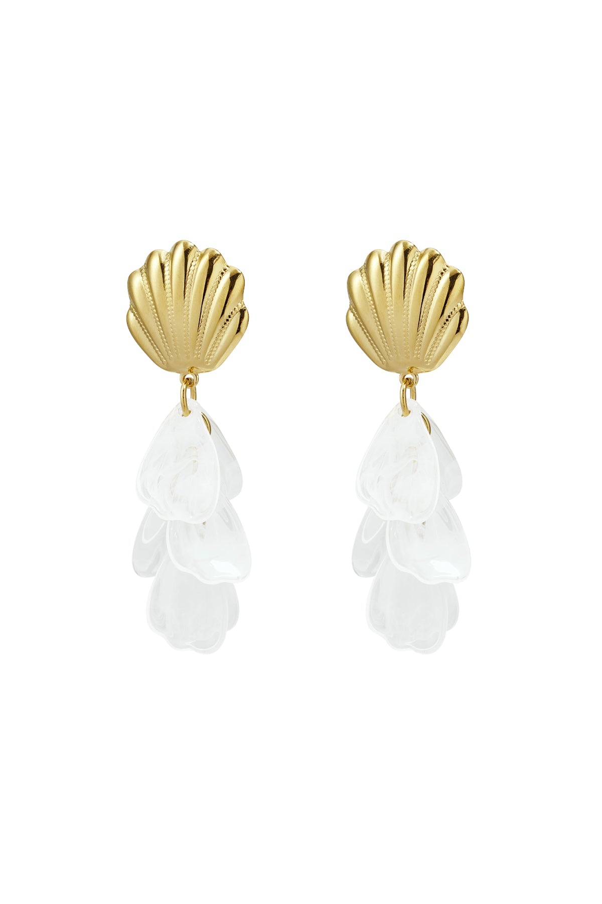 Gold shell drop earrings with soft pink translucent petals isolated on white background