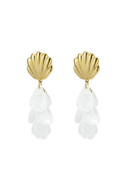 Gold shell drop earrings with soft pink translucent petals isolated on white background