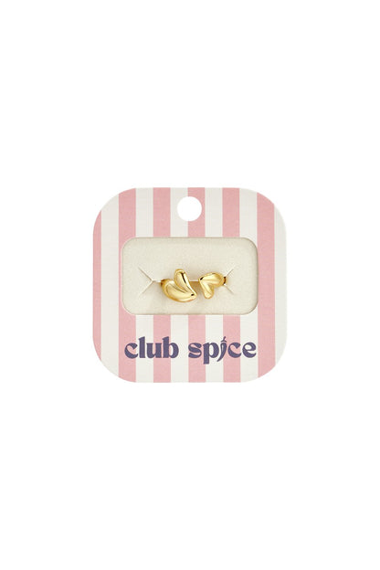 Gold Bubbly Heart Stacker ring on a pink and white striped Club Spice display card.