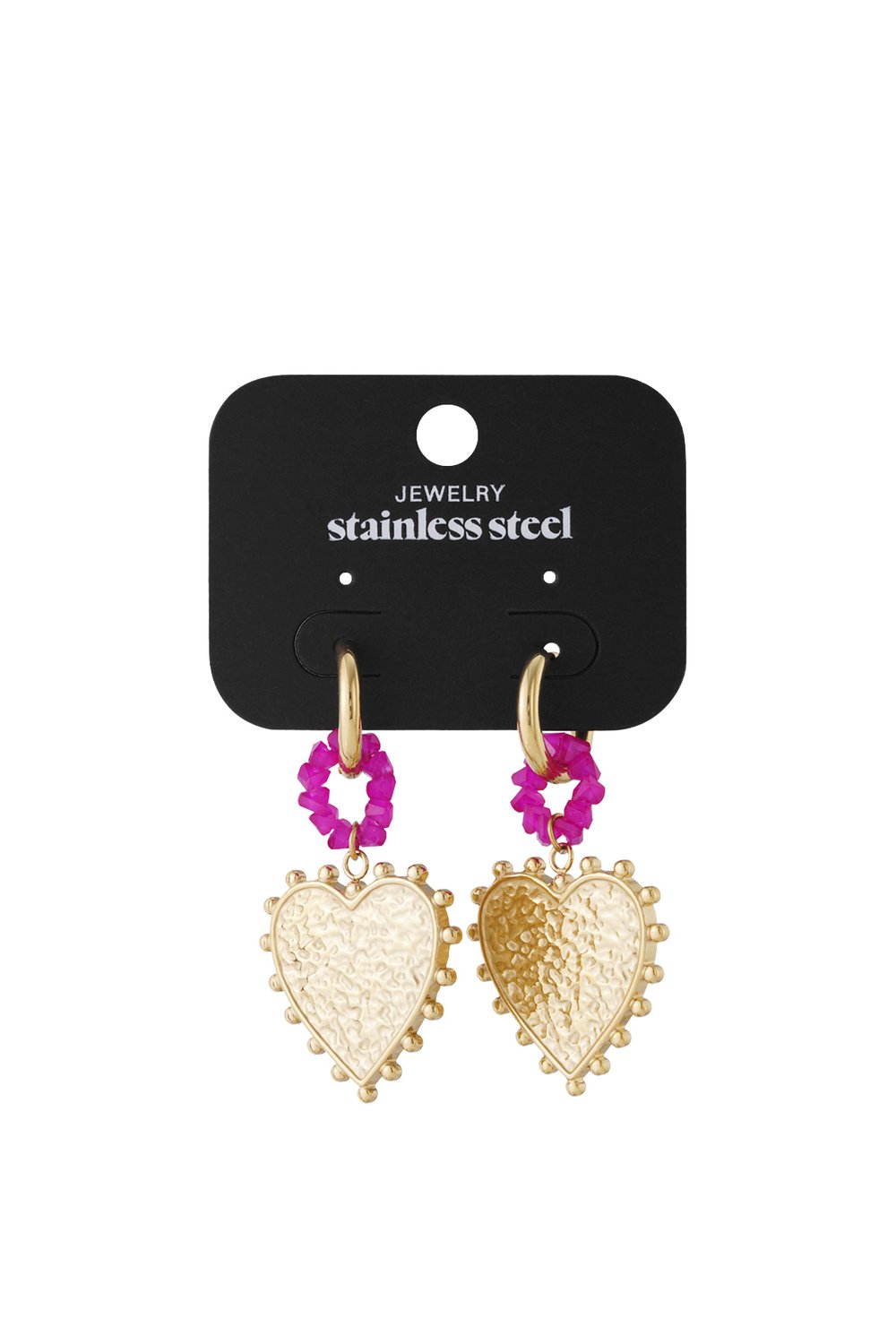 Gold stainless steel hoop earrings featuring textured heart charms dangling from vibrant fuchsia beaded links.