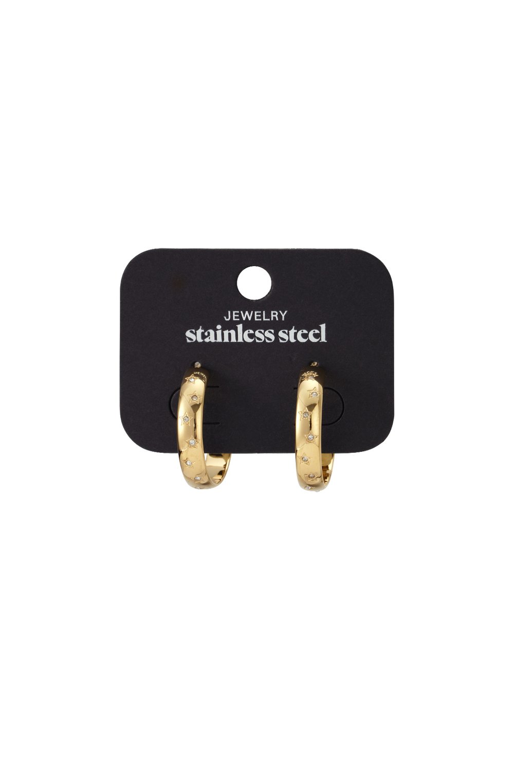 Gold Celestial Stardust mini hoop earrings in stainless steel featuring engraved star motifs with small crystal accents.