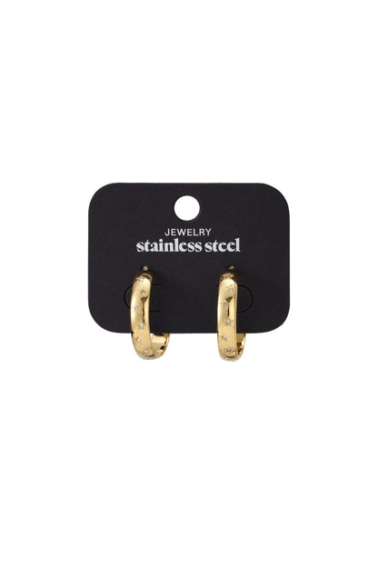 Gold Celestial Stardust mini hoop earrings in stainless steel featuring engraved star motifs with small crystal accents.