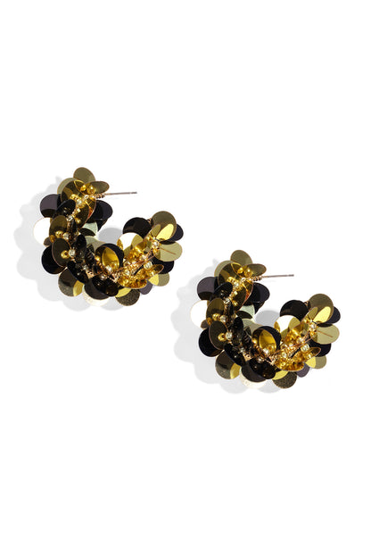 Pair of sequin hoop earrings with black, gold, and silver circular sequins on white background