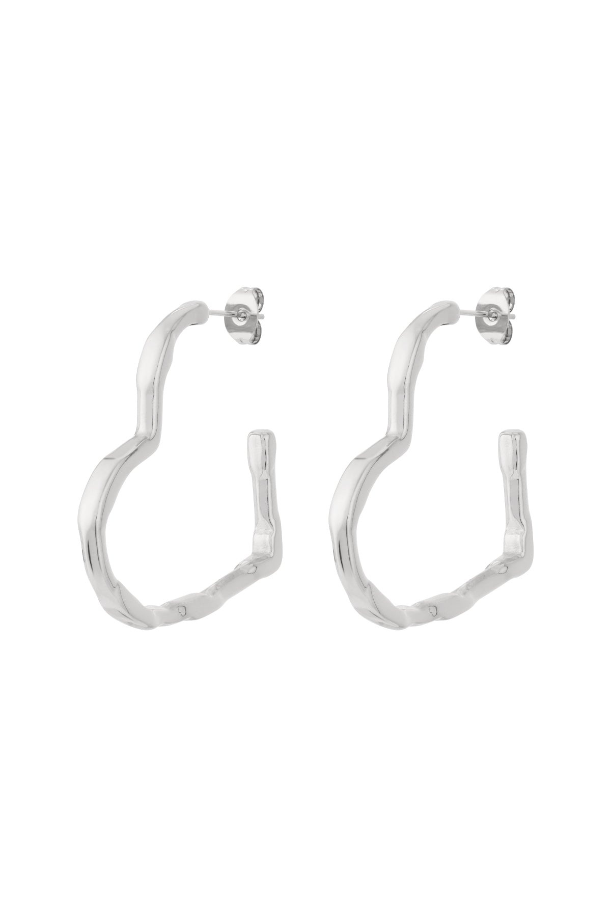 Pair of silver wavy heart hoop earrings displayed on white background