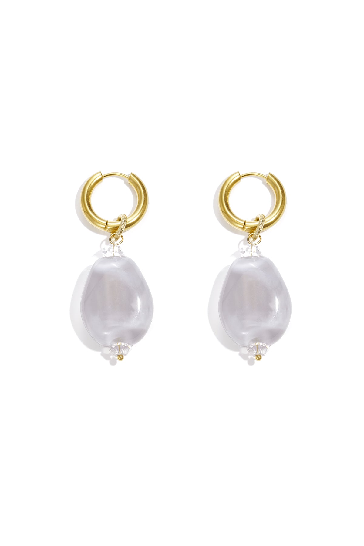 Pair of gold hoop earrings with clear white cloudy resin beads