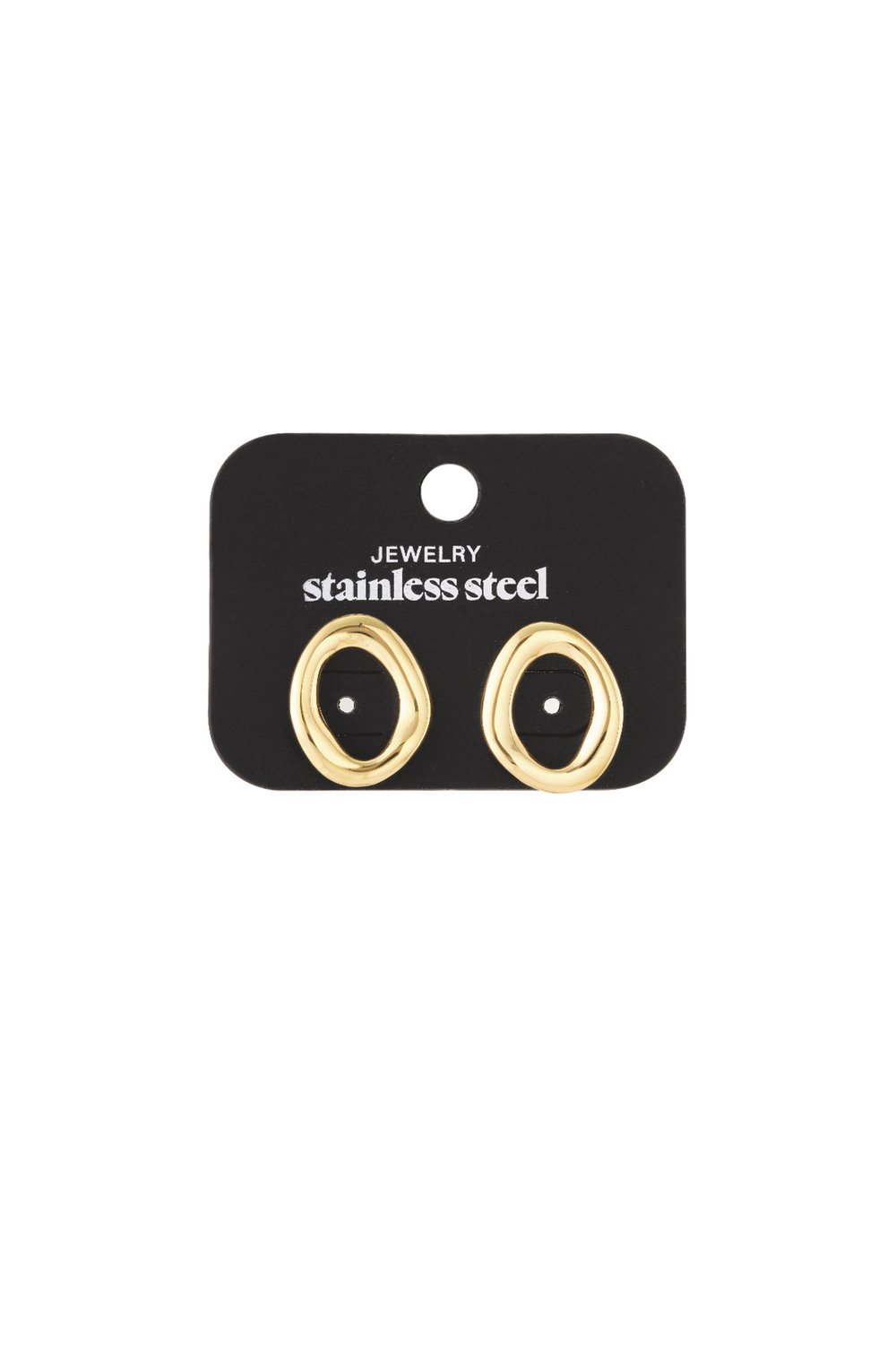 Vibe Check Ovals: Gold-tone, organic-shaped stainless steel stud earrings displayed on a black backing card.