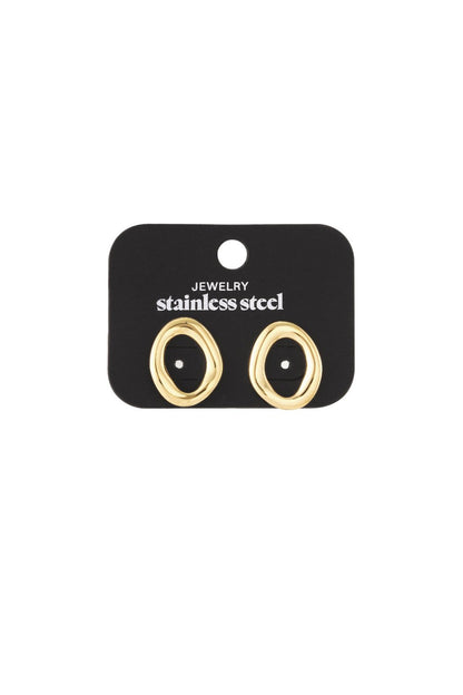 Vibe Check Ovals: Gold-tone, organic-shaped stainless steel stud earrings displayed on a black backing card.