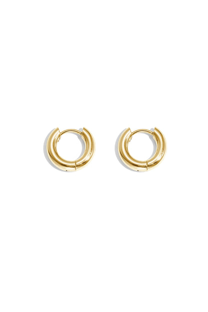 Pair of chunky gold hoop earrings with smooth polished finish on white background
