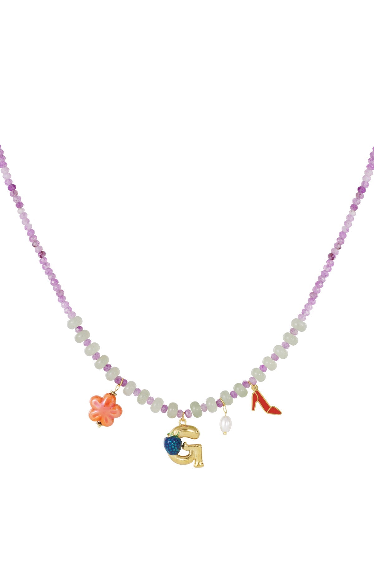 Orange and white beaded necklace featuring a crab charm and a gold letter K pendant with yellow ribbon charm