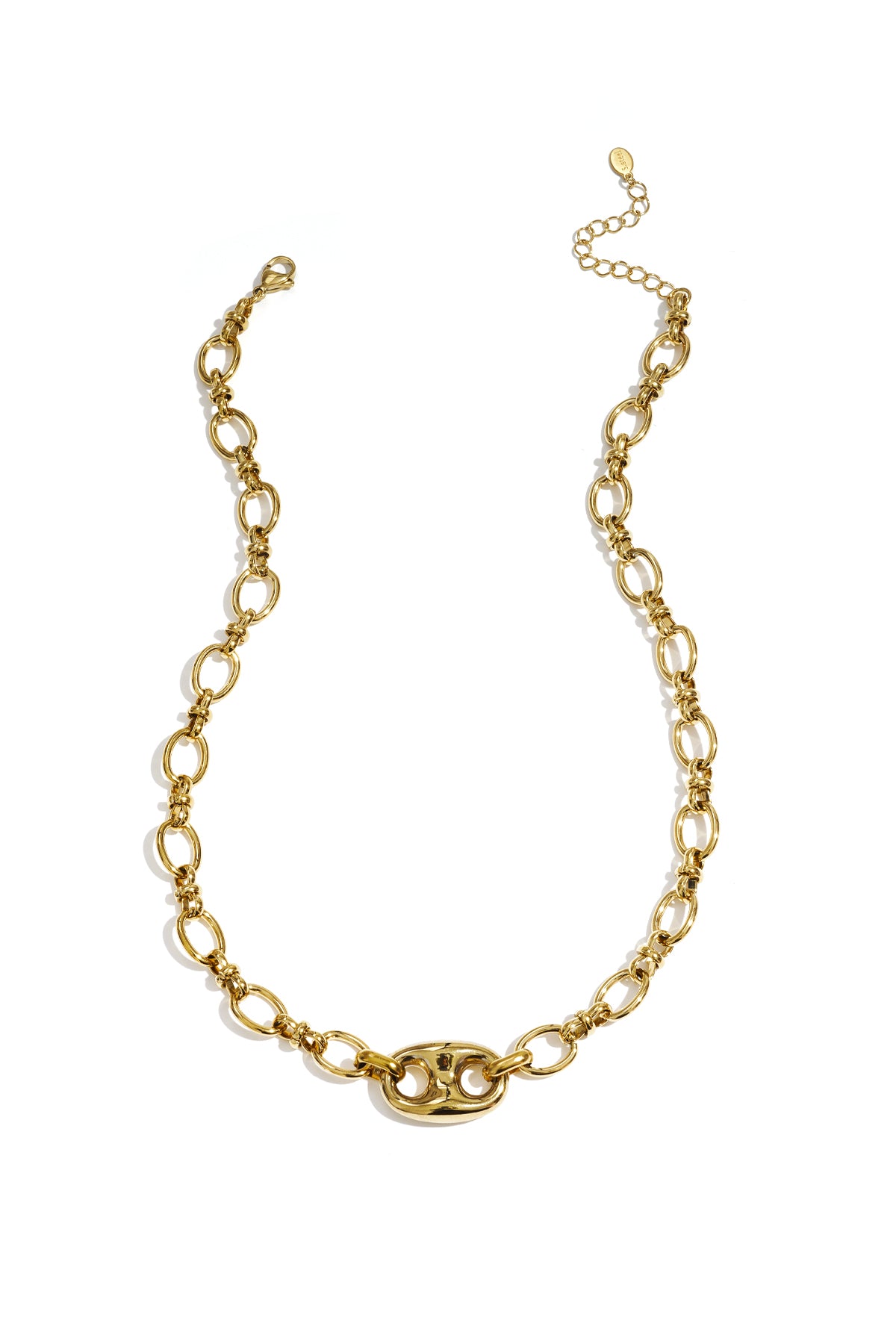 Gold link chain necklace with oval polished centerpiece and adjustable clasp on white background