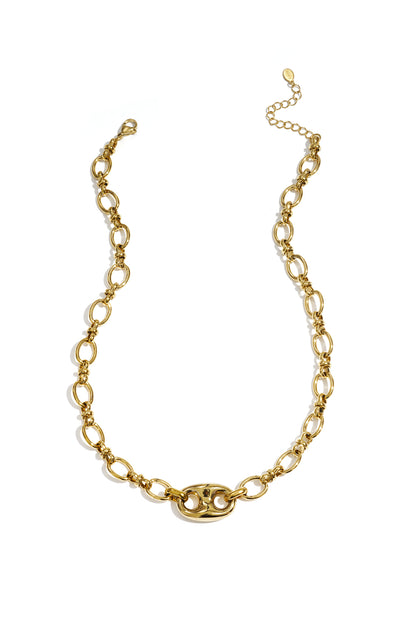 Gold link chain necklace with oval polished centerpiece and adjustable clasp on white background