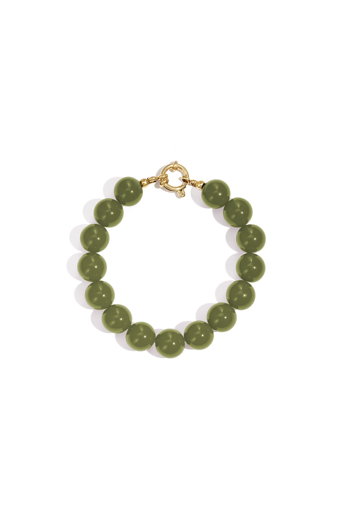 Vibrant Resin Bead Bracelet featuring glossy olive-green spherical beads and a polished gold-tone circular clasp.
