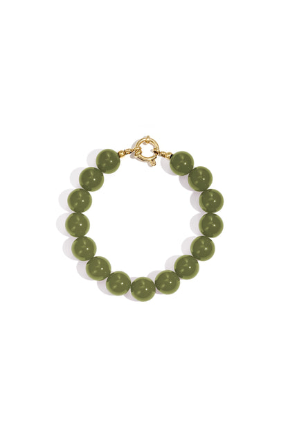 Vibrant Resin Bead Bracelet featuring glossy olive-green spherical beads and a polished gold-tone circular clasp.