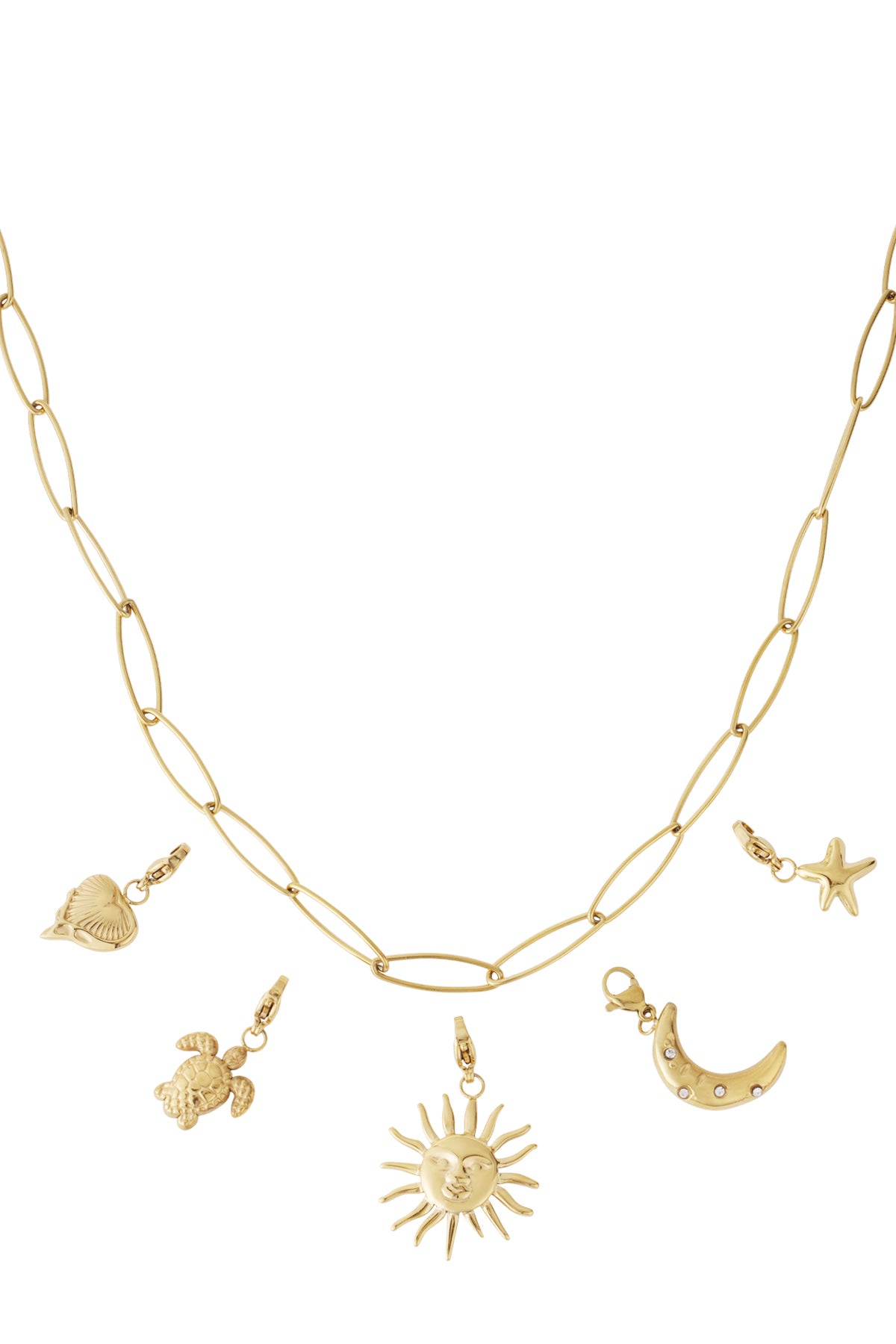 Gold elongated link chain necklace with five detachable charms including sun, crescent moon with stones, starfish, turtle and heart-shaped shell on white background