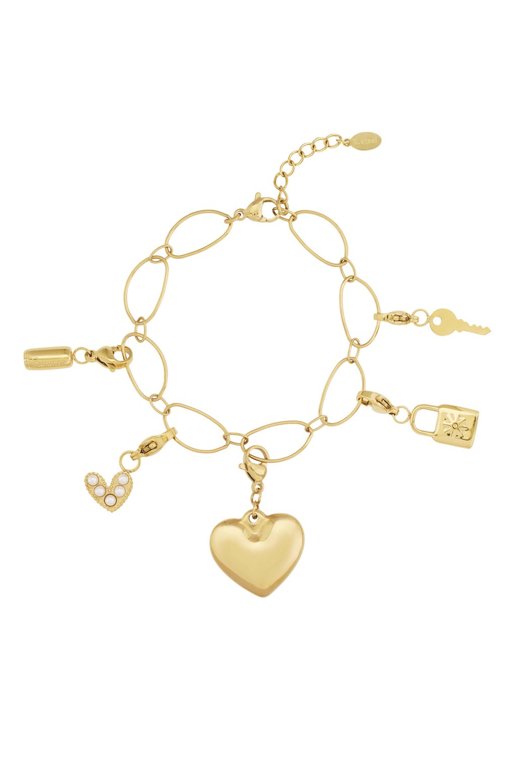 Gold-tone chain bracelet with charms including a large heart, heart with pearls, padlock, and key.
