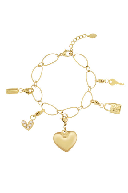 Gold-tone chain bracelet with charms including a large heart, heart with pearls, padlock, and key.