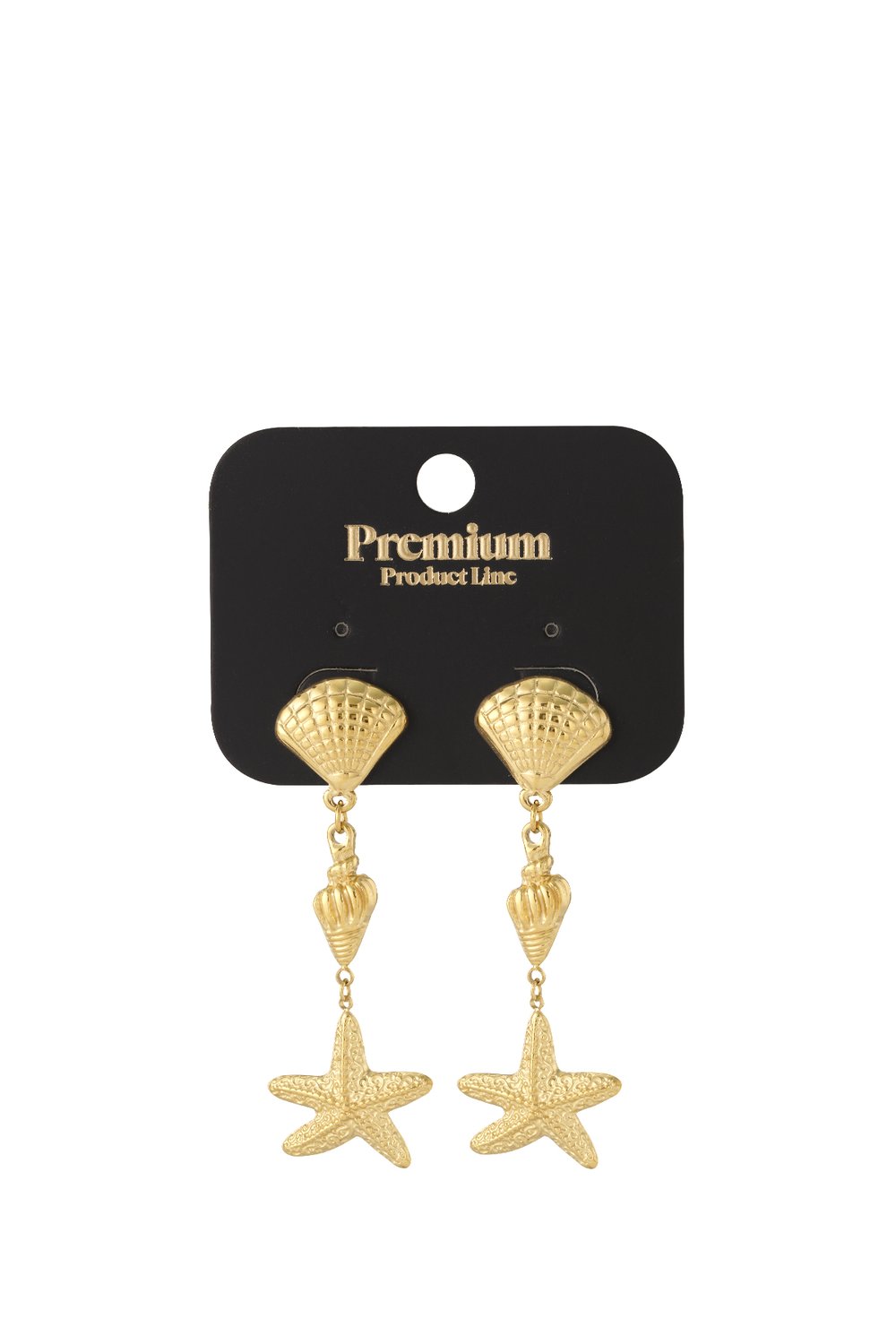 Gold-toned coastal dangle earrings featuring a fan shell, spiral shell, and starfish charm on a black display card.