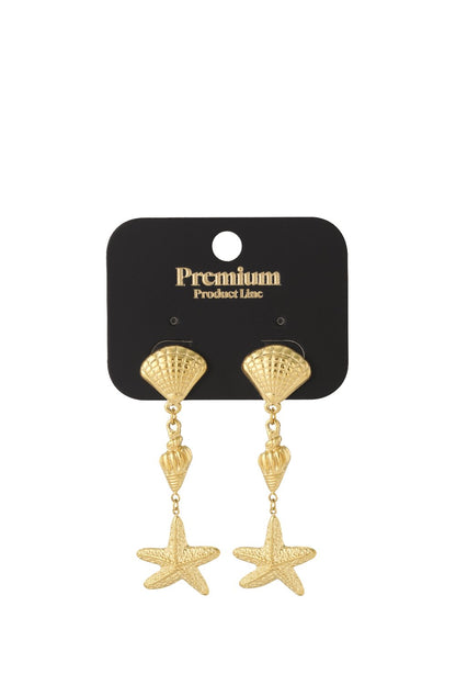Gold-toned coastal dangle earrings featuring a fan shell, spiral shell, and starfish charm on a black display card.