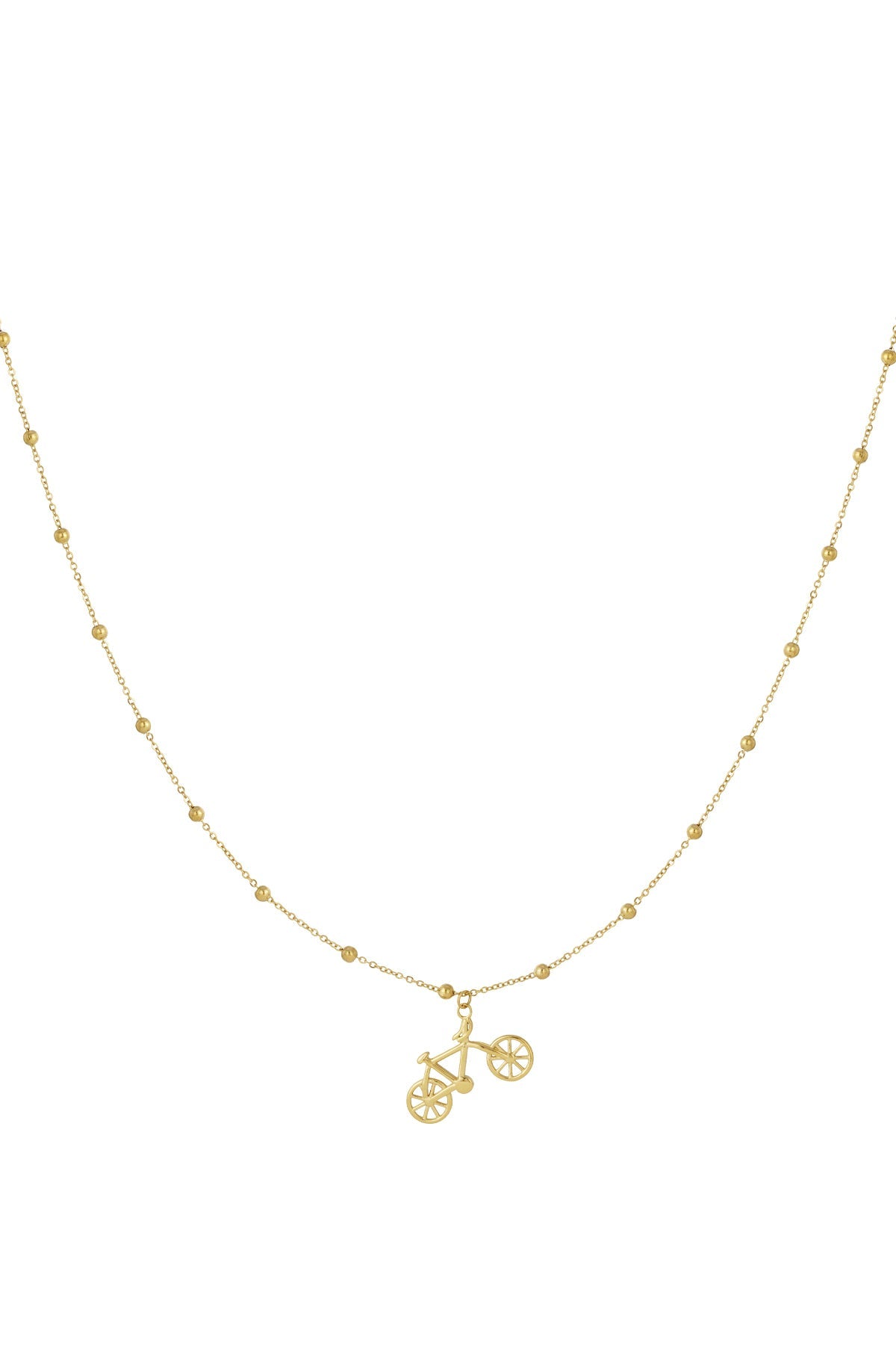 Gold bicycle pendant necklace with beaded chain on white background